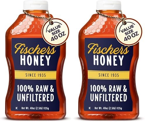 Fischer’s 100% Pure, Raw & Unfiltered Honey – USA Made Honey – All-Natural Sweetener – Rich Flavor Profile, Packed with Nutrients, 40 oz (Pack of 2)