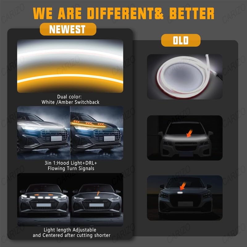 Image of CARIZO 71 Inch LED Hood Light Strip White Amber Dynamic Car LED Hood Strip Lights with Fuse Protection Turn Signal DRL Strip Compatible with Tata Punch (2021-2023)