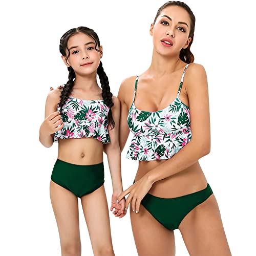 Mommy and Me Swimsuits for Women Girls Tankini Family Matching Bathing Suits Mother Daughter Beachwear Mom and Baby Matching Swimwear Bikini Set Two Piece Top Bottom Outfit Dark Green 2-3T