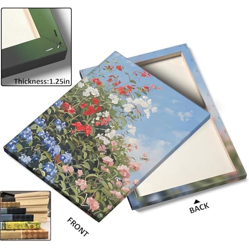 Image of Memorial Day Canvas Wall Art, Red White Blue Flower Pictures Print, Summer Wildflower Bloom Under Blue Sky Poster, Patriotic Memorial Day Floral Framed Art for Farmhouse or Porch Decor 20x24inch