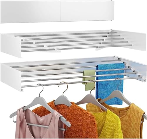 AKALNNB hes - Tendedero de pared para secado de ropa, retráctil, plegable, 5 varillas de aluminio, ahorro de espacio, plegable en interiores y exteriores, acero inoxidable