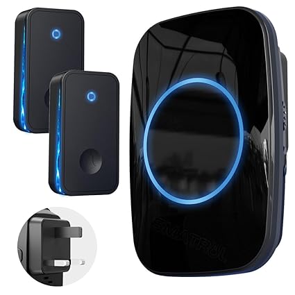 SMATRUL ?No Battery Required? Wireless Doorbell with 2 Press Self-Powered Transmitter & 1 Plug-in LED Flashing Receivers for Home,Office, 60 Chimes, 5 Level Volumes, Loud Volume (Black, UK Plug)