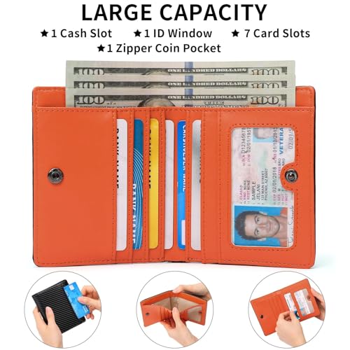 Leather Wallets for Men with Zipper Coin Pocket Mens Wallet Slim Bifold RFID Blocking Thin Credit Card Holder Genuine(Black+Orange)2