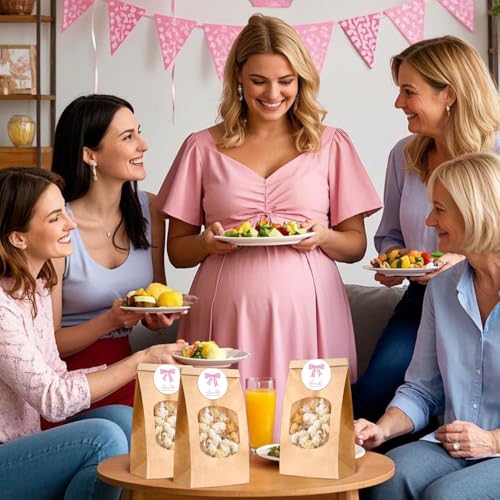 Image of 24 PCS Small Paper Popcorn Bags with Pink Bow Stickers, Thanks for Popping by Tags Popcorn Bags with Clear Window, Baby Shower Treat Bag for Packaging Bakery Candy Cookie