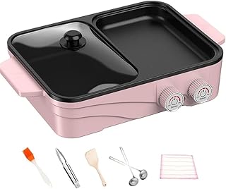 Electric Grill Indoor Hot Pot with Glass Lid & Removable Non-Stick Grill Plate,Separate Dual Temperature Contral, for 2-4 People Family Gathering Friend Meeting Party,pink