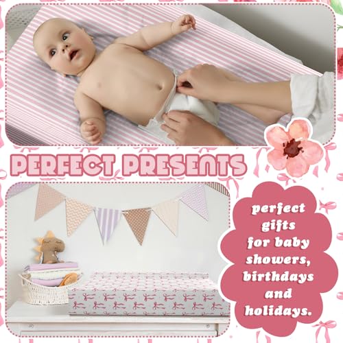 Peryiter 2 Pack Pink Bow Baby Changing Pad Cover Changing Table Cover for Girls Coquette Fitted Sheets 32\'\' x 16\" Stretchable Soft Toddler Aesthetic Nursery Diaper Chang Pad Sheets - Thumbnail 5