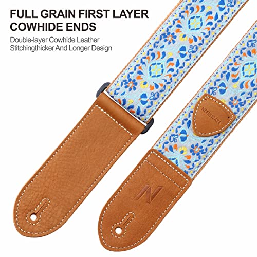 Nefelibata Guitar Strap,Double leather ends,Vintage Woven W/FREE BONUS-4 Picks+Strap Locks+Strap Button,Best Gift For Bass,Electric&Acoustic Guitars for Guitar(Vintage pale blue embroidery) - Image 3
