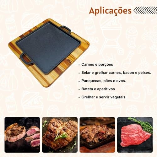 Chapa De Ferro Fundido Com Suporte Madeira Conjunto Para Cozinha Kit Tábua Peça De Aço Maciço Churra