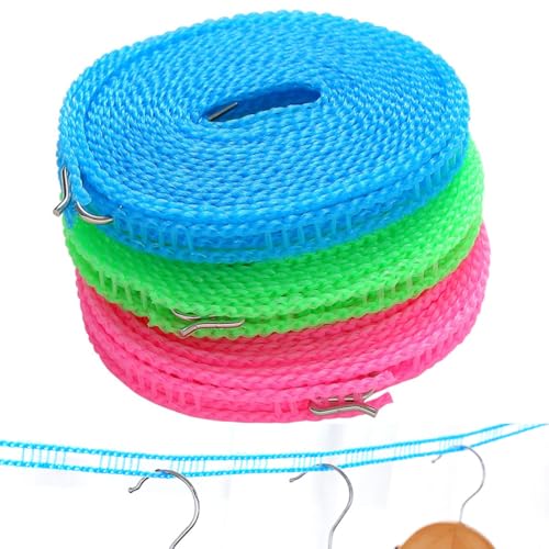 EYVRPAU Set of 3 Non-Slip Washing Lines Camping Accessories Outdoor Washing Lines (5 m) for Garden, Travel, Holiday, Motorhome or Caravan