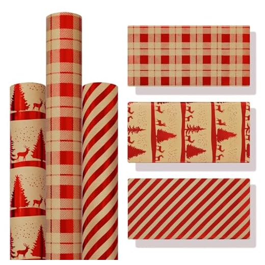 Papel Regalo Navidad 3 Rollo Papel de Regalo Rollo Grande 43x300 CM Papel Regalo Kraft Rojo Resistente Reciclado Papel de Regalo Navidad para Familia Amigos Niños Hombres Mujeres