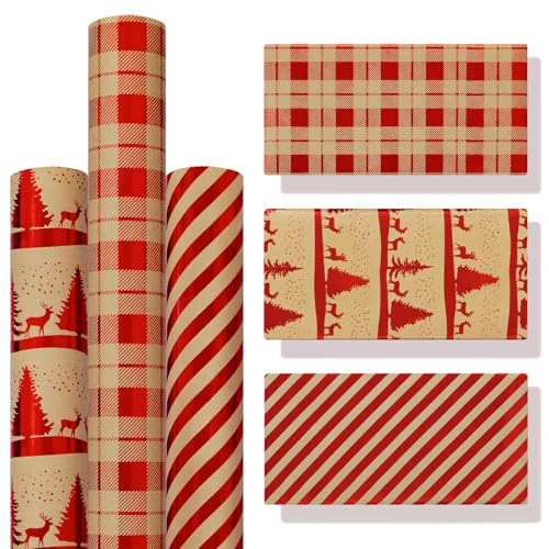 Zindoo Papel presente de Natal 3 rolo grande 43 x 300 cm kraft vermelho resistente reciclado para família amigos meninos homens mulheres