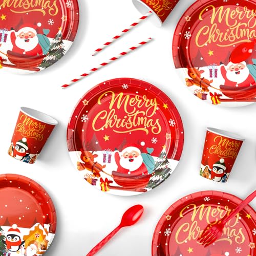 Christmas Paper Plates and Napkins, Christmas Party Supplies Disposable Dinnerware Set, Includes Heavy Duty Paper Plates, Napkins, Cups, Tablecloth, Cutlery and Banner for Xmas Decorations, Serve 20 – Image 6