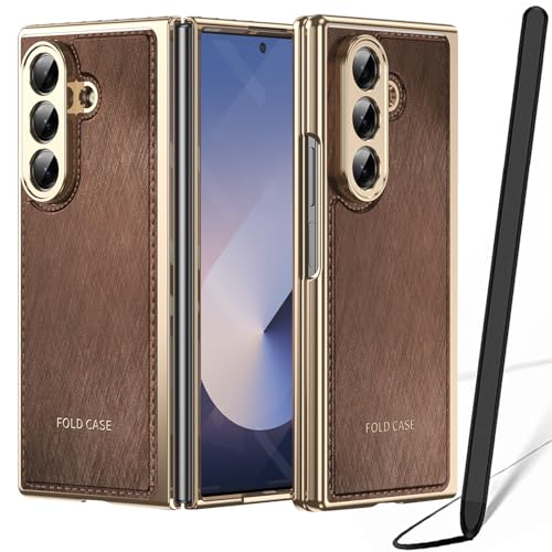 Coque Samsung Galaxy Z Fold7 en cuir PU marron avec film protecteur d'écran et stylet