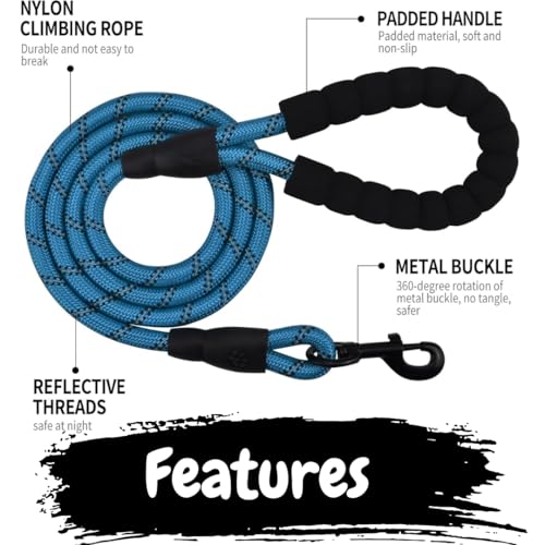 Image of PawPro Reflective Nylon Dog Collar - Custom Bone Tag with 5‑Foot Heavy‑Duty Leash - Soft Padded Handle, 360 Swivel Clip - Adjustable Pet Collar for Medium & Large Dogs (Frosted Blue, Collar+Leash)