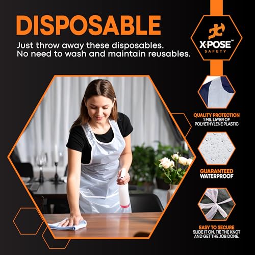 Image of Xpose Safety 100 Pack White Disposable Aprons, Individually Wrapped Waterproof Polyethylene for Cooking, Food Prep and Cleaning, 1 Mil Durable, 24 inch x 48 inch