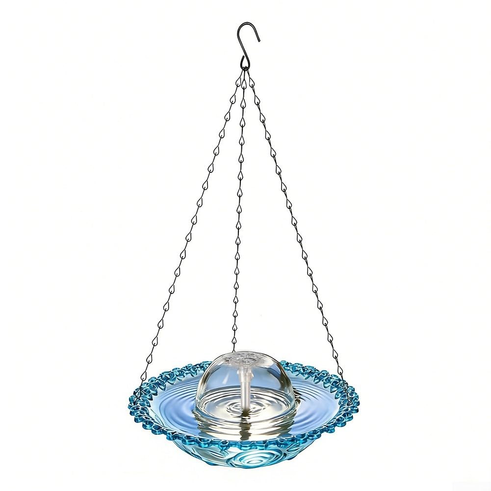 Garden Bird Bath Featuring Cascading Water Design - Attractive Outdoor Drinker Bowl for Avians - Sturdy Plastic Metal Pole - Multi Colour Options - 23.5cm Wide 45cm Tall(Blue)