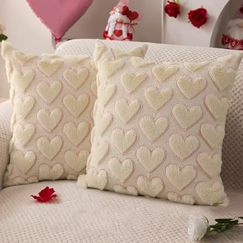 DFXSZ Valentines Pillow Covers 20x20 inch Set of 2 Valentines Day Decoration Beige Heart Soft Plush Faux Fur Jacquard Throw Pillows for Bedroom Sofa Holiday Festivals Home Decor PTK020A20 Cover