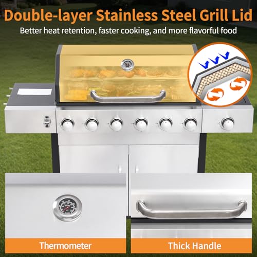 6 Burner Propane Gas Grill with Side Burner, Cast Iron Grates, Plate, Lid and Warming Rack, Large Cabinet Style BBQ Grill for Barbecue Grilling Backyard Cooking, 620 SQ. IN. Cooking Area - Image 5