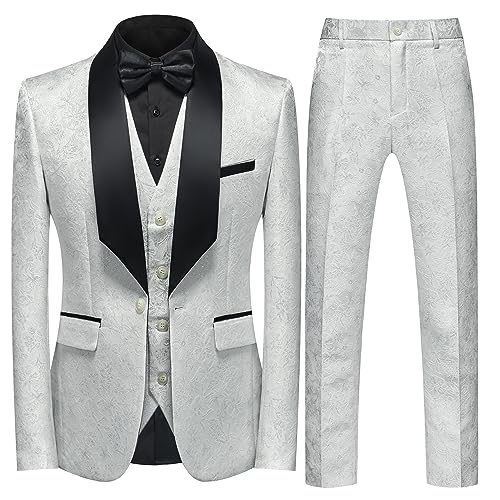 UNINUKOO Mens Slim Fit Suit 3 Piece 1 Button Paisley Prom Floral Wedding Tuxedo for Men US Size L White
