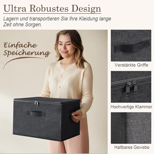 Exquilnova 2 Stück Aufbewahrungsbox mit Deckel Stoff, stapelbare Faltbox mit Reißverschluss, Kisten Aufbewahrung mit Deckel mit Griff für Bettdecken, Kleidung (L:40 x 30 x 21 cm)