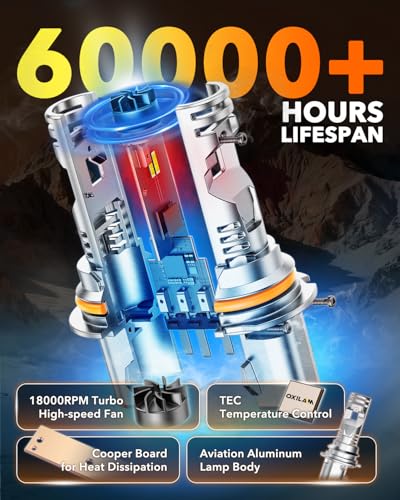 Image of OXILAM 9007 LED Light Bulb, 10X Brighter 6500K Cool White, 60,000Hrs Lifespan, Plug and Play, Anti-Flicker, IP68, HB5 LED Light Compatible with Cars Trucks SUVs, Pack of 2