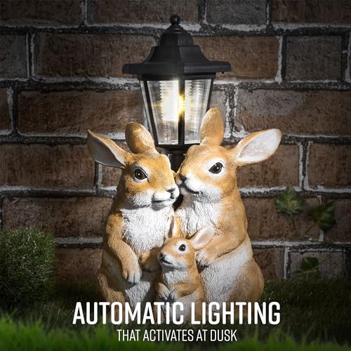 GloBrite Solar Rabbit Family with Lantern Post Light – Resin Garden Ornaments Outdoor Use - Solar Garden Lights for Yard, Patio, Lawn– Charming Animal Figurines