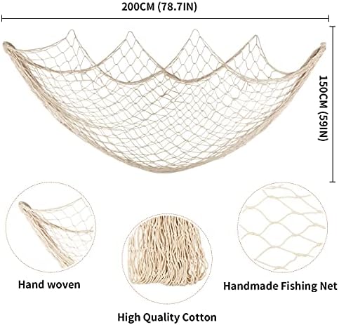 Fishing Net Wall Decor Beach Themed Fishing Net Wall Hanging for Party Wall Home Wedding Decoration Photographing Decoration,200CM x 150CM(Beige)