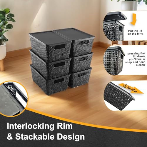 Storage Baskets with Lids, 6 Pack Black Plastic Baskets for Organizing | 6 black woven-look storage bins with lids, built-in handles and stackable design for organized spaces. - image 4