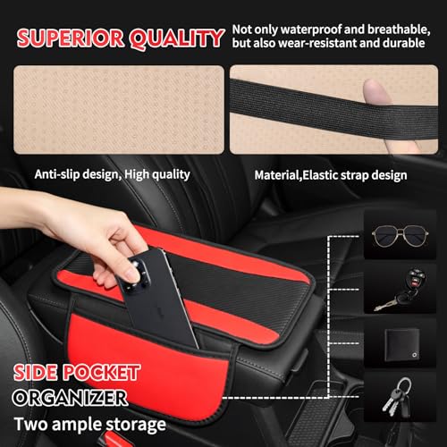 Hiseanllo 6PCS Red Car Accessories Set, Carbon Fiber Microfiber Leather Steering Wheel Cover 14.5-15", Center Console Armrest Cover, Seat Belt Pads & Cup Holder Coasters, Universal Interior Decor by Hiseanllo - Image 4