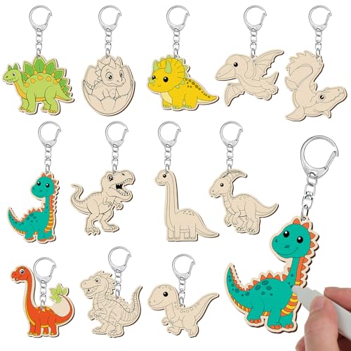 Trnayi 36 Pcs Dinosaur Unfinished Wooden Keychains Color Your Own Unfinished Dinosaur Wooden Crafts Blank Wood Painting DIY Crafts for Birthday Home Activities Arts Project Decor