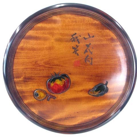 Amazon.co.jp: 岡山 烏城彫 山花向我笑 お盆 丸盆 彫刻 漆器 野菜 木製