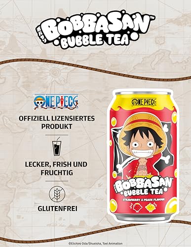 BOBBASAN One Piece Bubble Tea Erdbeere & Pfirsich – Offiziell lizenziert – Erfrischender Bubble‑Tea mit Tapioka-Perlen - im Luffy Design – 1 x 320 ml
