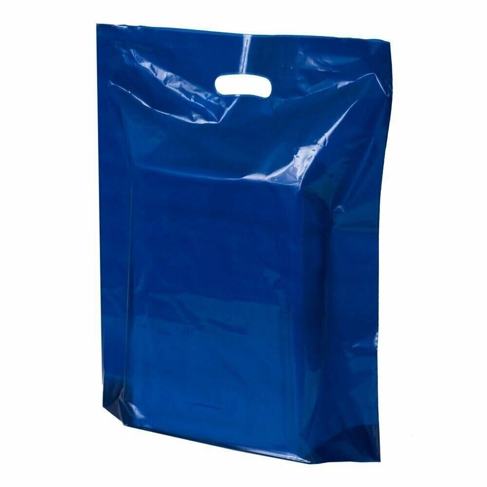 Tezraftaar® 500 x Patch Handle Carrier Bags 15" x 18" x 3" Dark Blue Reusable Plastic Shopping Takeaway Cloths Carry Bag — image 1
