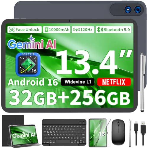 Image of Android 16 Tablet with Keyboard - 13 inch Tablet with 32GB+256GB+2TB Expand | Gemini AI Tablets PC with 8-Core, 10000mAh, 120Hz 1920x1200 IPS, GPS, 2 in 1 Large Tablets with Case, Mouse, Stylus (Black)