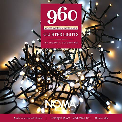 Noma 960 LED Cluster Christmas Tree Lights : Green Cable : Multifunction : Plug-in with Timer : Bright White/Warm White Mix : 4921713