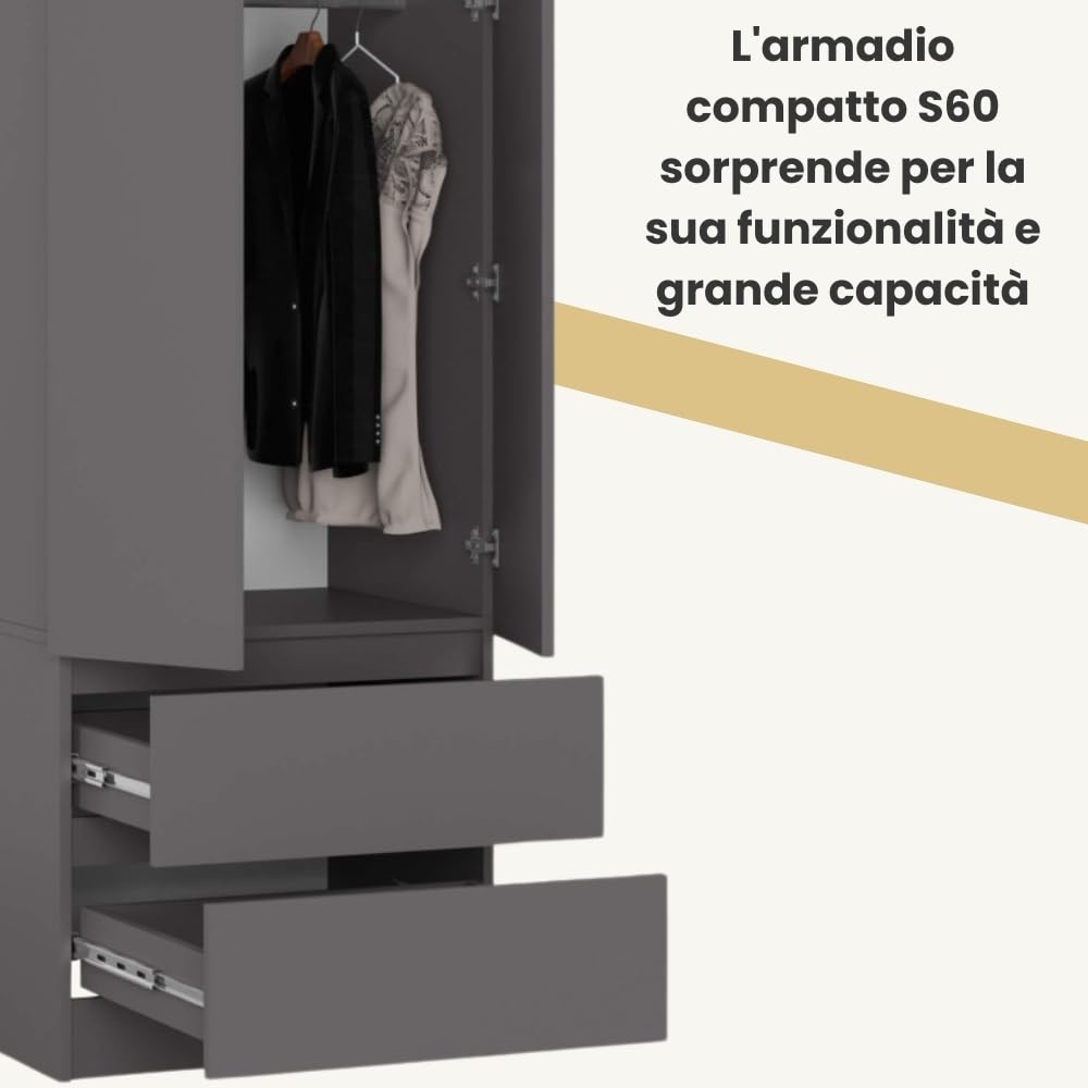 AKORD | Armadio STAR S | 60 cm Due Ante | 2 Cassetti con ripiani e Asta Appendiabiti | Mobiletto Cameretta Camera da Letto | Guardaroba | Pannello in laminato 16 mm | Grigio Grafite
