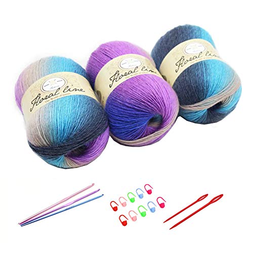 3X 100g Rainbow Wool Yarn Balls Chunky Knit Double Pom Pom Coloured Chunky Wool with 3 Crochet Hooks, 2 Needles