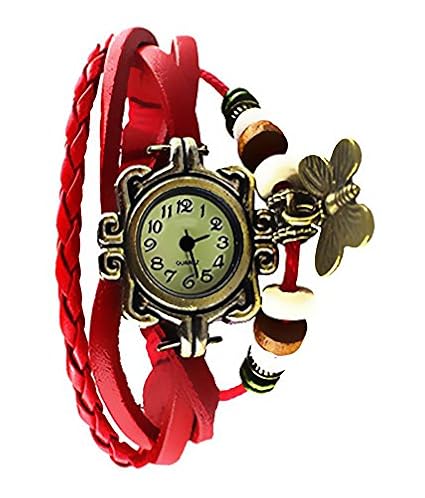 Felizo Red Leather Casual Bracelet Cum Watch for women