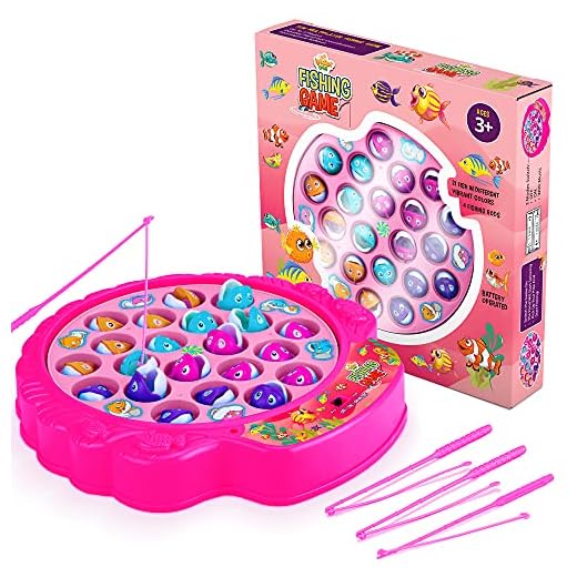Fishing Game Play Set - 21 Fish, 4 Poles, & Rotating Board w/ On-Off Music - Family Children Backyard Pink Toy Games for Kids and Toddlers Age 3 4 5 6 7 Girls and Up