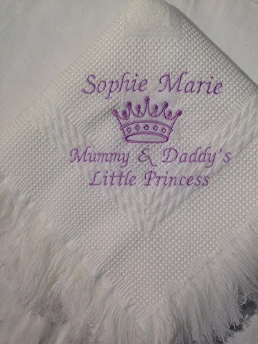 Personalised Shawl Blanket with Crown Princess or Prince in White Pink Blue or Cream Baby boy or Girl Birth Gift (White Shawl)