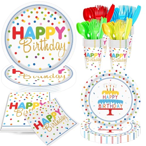 140pcs Happy Birthday Party Supplies Set with Colorful Polka Dots Design- Includes Disposable Paper Birthday Plates and Napkins, Cups, Tablecloth, and Banner，Dots Party Supplies Serves 20 Guests