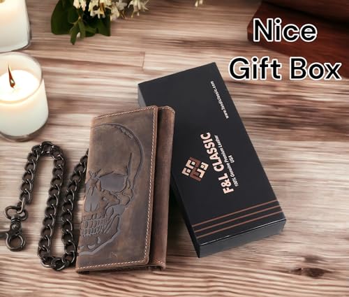 Image of F&L CLASSIC RFID Blocking Mens Tri-fold Long Style Cowhide Leather Steel Chain Wallet,brown distress with skull,212-70