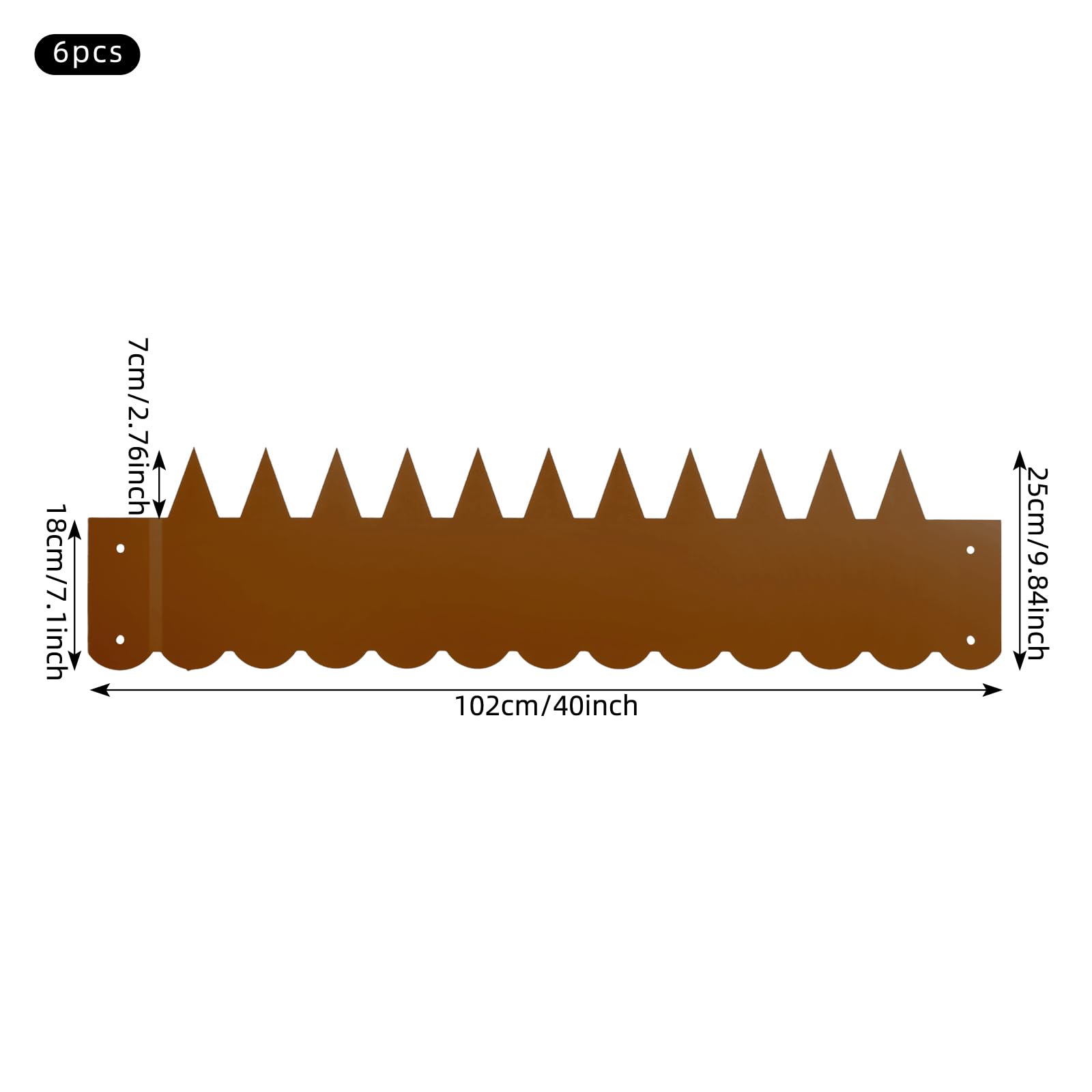 Borde de césped de acero corten de 18 cm de alto, juego de 6 piezas de cercado de metal de 102 cm, borde para jardín y bancal, borde de césped estable de acero corten, borde flexible con dientes de