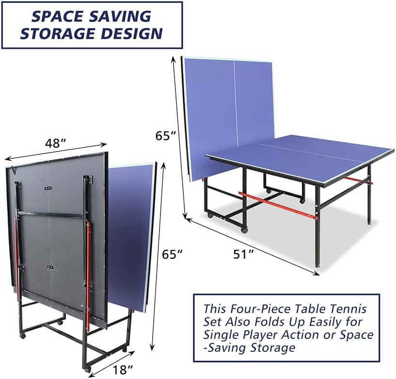 8FT Folding Rolling Table Tennis Table Indoor/Outdoor Table Tennis Table, 2 Rackets, 3 Balls, 1 Net and 4 Wheels Set Behind It for Easy Movement-Blue