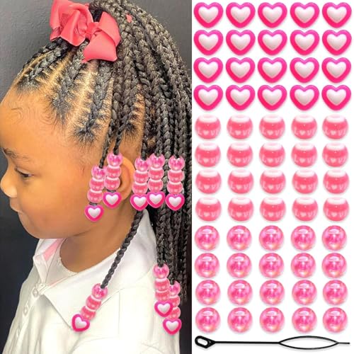 60Pcs Pink Love Heart Kids Hair Beads Small Round for Braids Cute Acrylic Beads for Hair Braid Loc Girls Dreadlock Candy Loc Jewelry Dreadlock Accessories