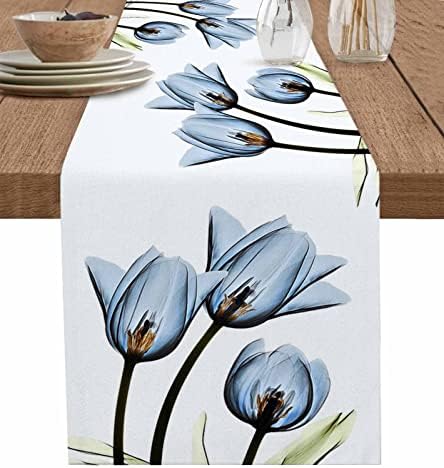 Floral Table Runner-Blue Tulip Cotton Linen-Small 36 inche Dresser Scarves,Flower Rustic Tablerunner for Kitchen Coffee/Dining Table Bedroom Home Living Room,Summer Spring Holiday Dinner Scarf Decor