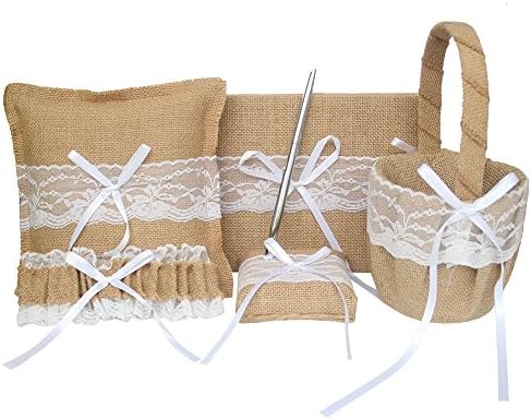 ARKSU 5pcs Wedding Sets Flower Girl Basket + Ring Bearer Pillow + Guest Book with Pen + Pen Set Holder + Bride Garter for Rustic Bridal Wedding Shower Ceremony Anniversary