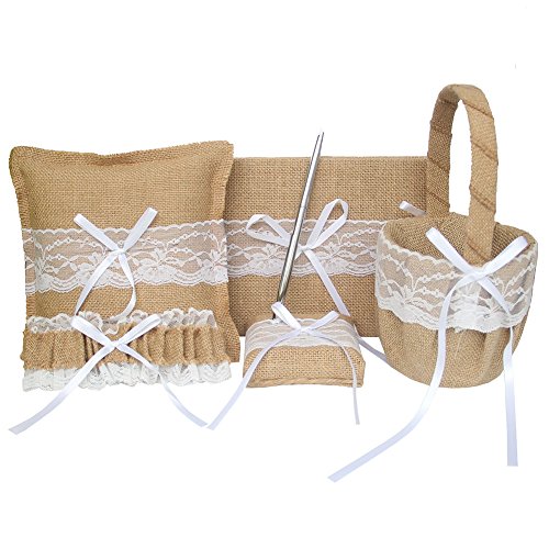 Arksu 5Pcs Wedding Sets Flower Girl Basket + Ring Bearer Pillow + Guest Book With Pen + Pen Set Holder + Bride Garter For Rustic Bridal Wedding Shower Ceremony Anniversary #TOP19