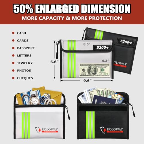 Image of ROLOWAY Fireproof Bag (9.6 x 6.6 inches) 5200℉ Heat Insulated with Reflective Strip, Fireproof Money Bag with Zipper for Cash (2-Pack)