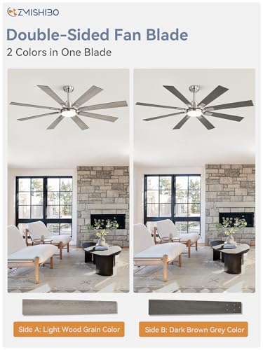 Image of ZMISHIBO 62 inch Brushed Nickel Modern Ceiling Fan with Light and Remote, Indoor /Outdoor Industrial Ceiling Fan for Living Room Patio, 6 Speed Reversible Quiet DC Motor, 3 CCT, Dual Finish 8 Blades